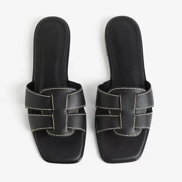 NEW H&M Black Slides Vegan Leather Sandals Size 11! ALSO SELLING IN TAN! - Picture 3 of 4